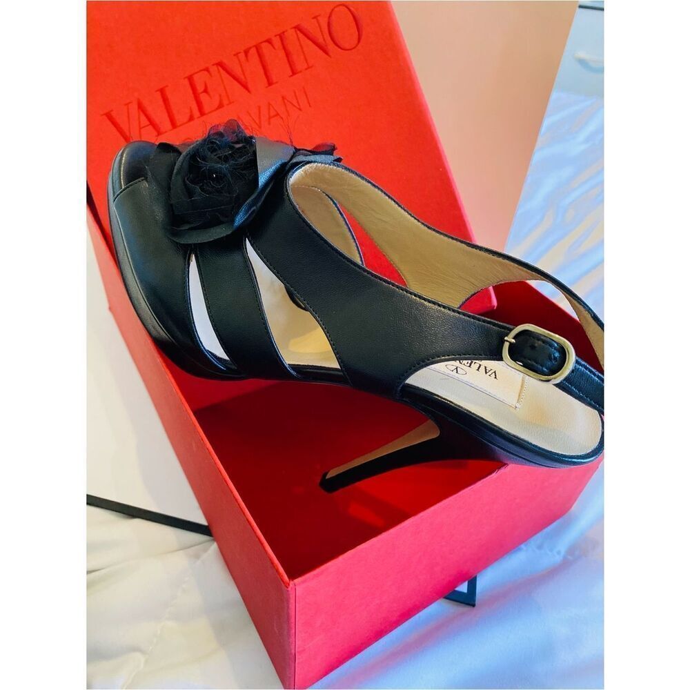 Valentino Black Leather Rose Embellished Cut Out Slingback Sandals Size 38